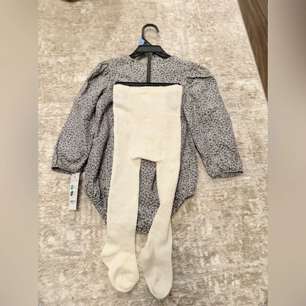 Carter's Gray and White Floral Kids Bubble romper Matching Set size 24M-NWT